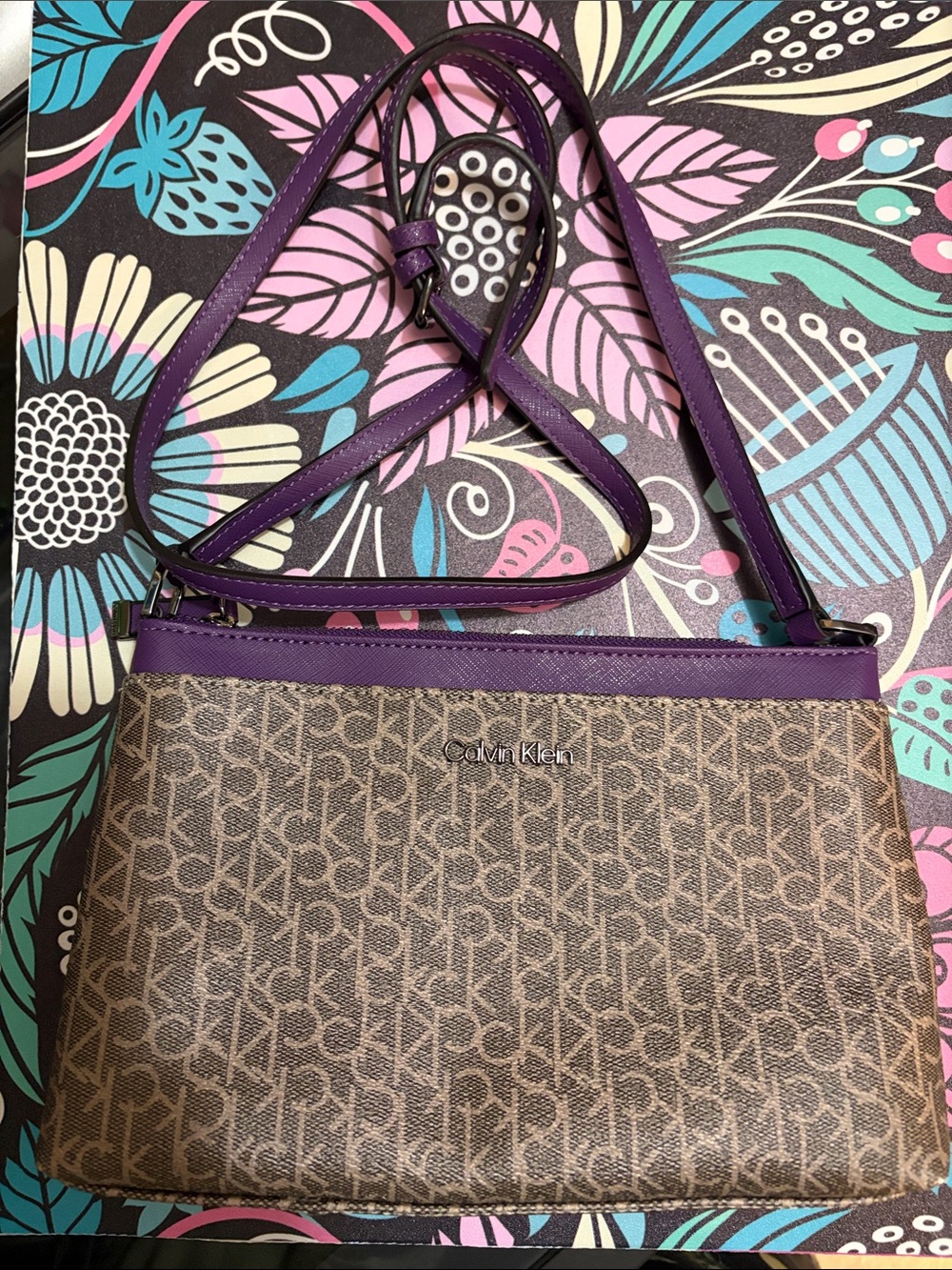 Calvin Klein Brown Logo Crossbody with Purple Trim and Strap